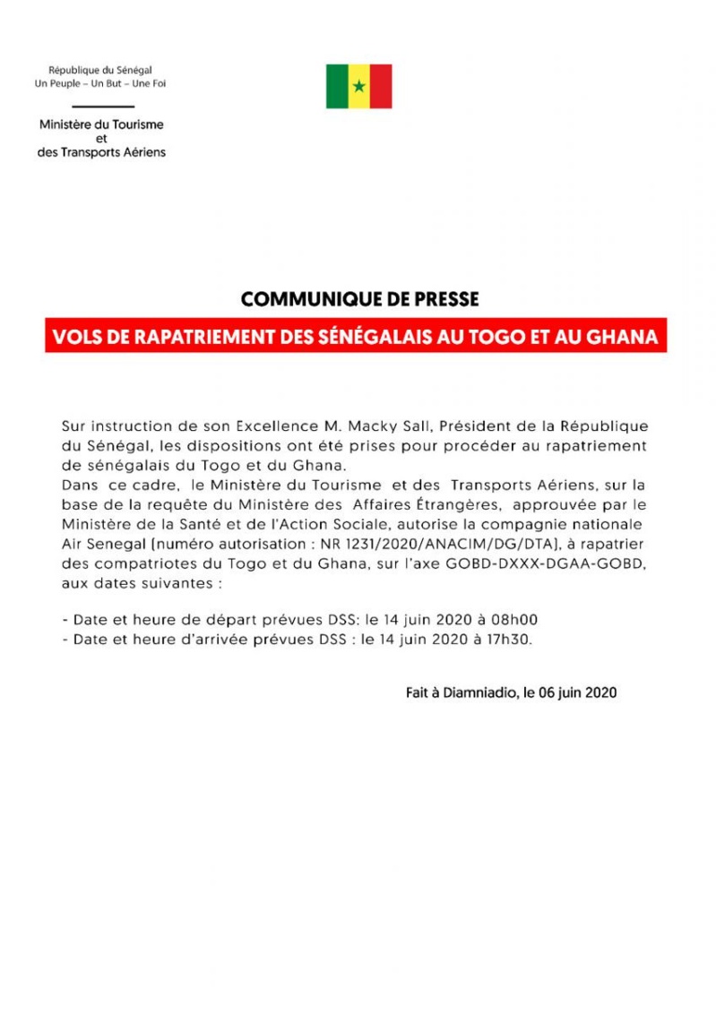 [Document] Région et sous-région Africaine : Le Sénégal organise le rapatriement de ses ressortissants à partir du 11 juin