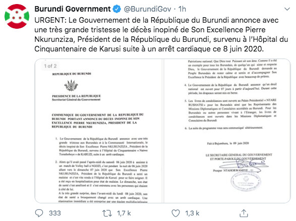 Le président du Burundi, Pierre Nkurunziza, est décédé