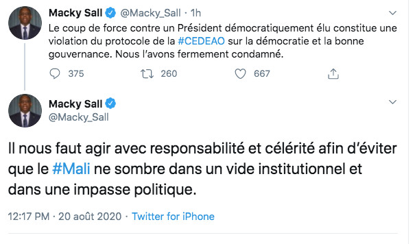 MACKY SALL APPELLE À ’’AGIR AVEC RESPONSABILITÉ ’ POUR QUE LE MALI ’’NE SOMBRE DANS UN VIDE INSTITUTIONNEL’’