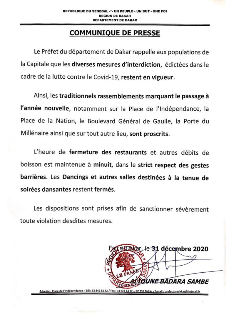 DAKAR : RÉVEILLON DU NOUVEL AN - LE PRÉFET CONFINE LES FÊTARDS