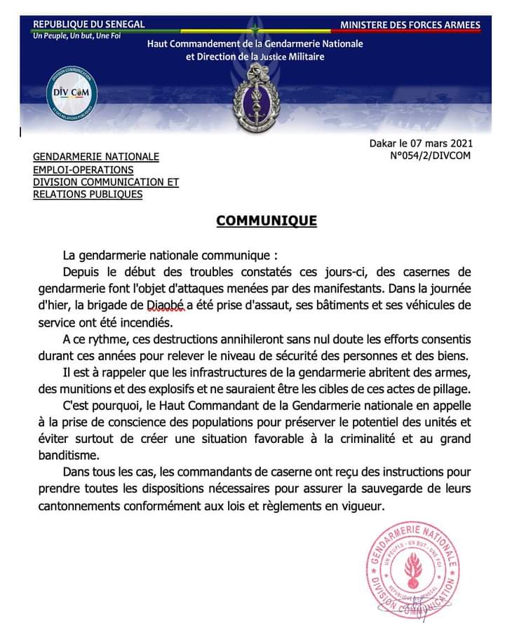 Attaques de casernes : La Gendarmerie appelle à la prise de conscience des populations (Document)