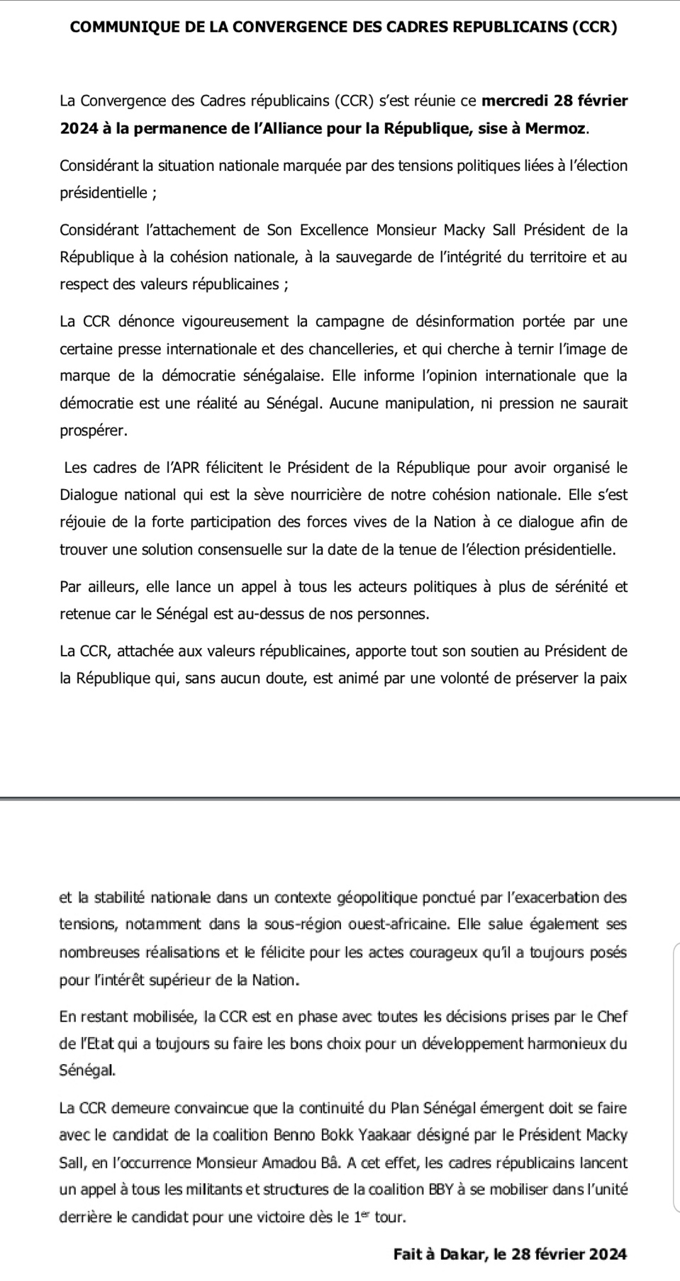 ​COMMUNIQUE DE LA CONVERGENCE DES CADRES REPUBLICAINS