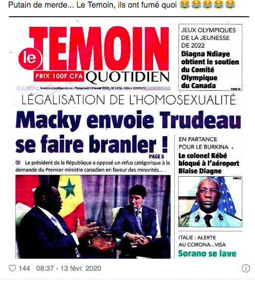 Macky, Trudeau et Homos*xualité : L’incroyable UNE du quotidien  »Le Témoin » secoue la toile