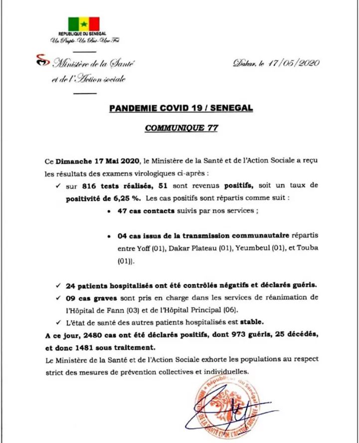 Covid-19 au Sénégal : 51 nouveaux tests positifs et 9 cas graves en réanimation