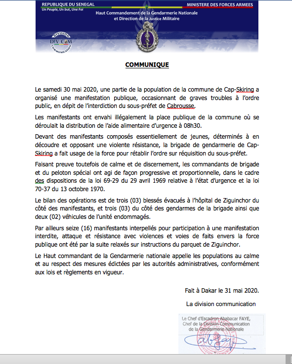 Manifestations au Cap Skirring : Communiqué du Haut Commandant de la Gendarmerie Nationale