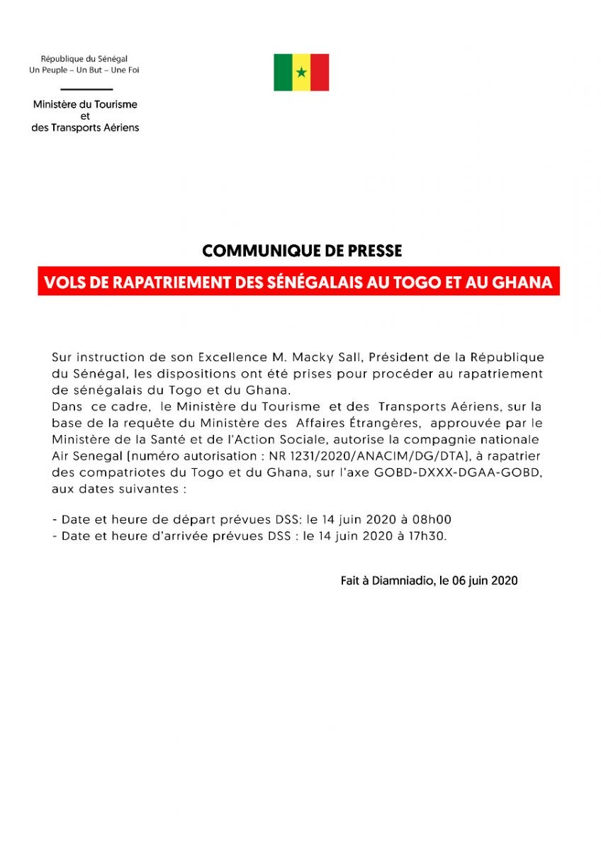 [Document] Région et sous-région Africaine : Le Sénégal organise le rapatriement de ses ressortissants à partir du 11 juin