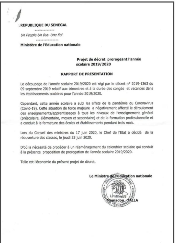 [Documents] Macky Sall prolonge l’année scolaire jusqu’au…