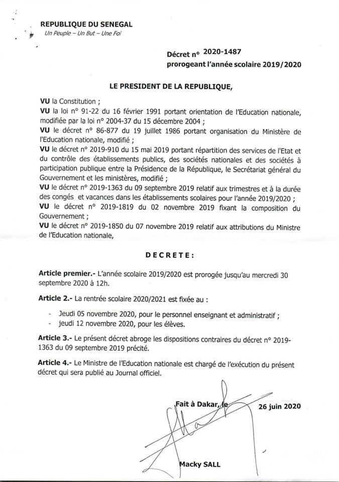 [Documents] Macky Sall prolonge l’année scolaire jusqu’au…