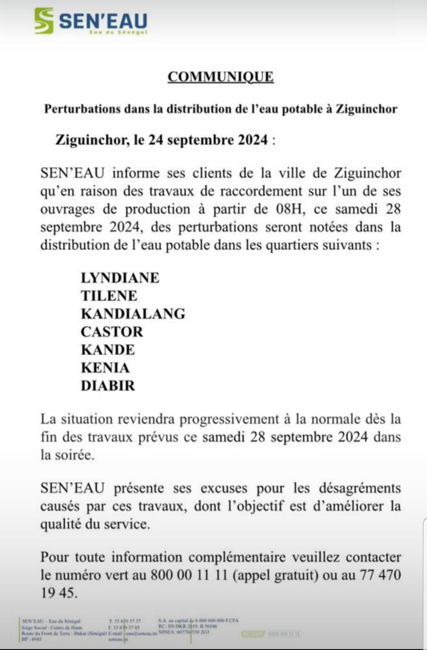 ​ZIGUINCHOR : TRAVAUX DE SEN'EAU, PERTURBATIONS DANS LA DISTRIBUTION D'EAU CE SAMEDI 