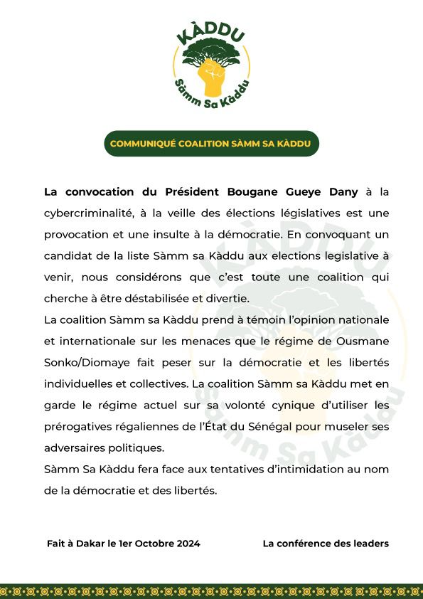 ​Sàmm Sa Kàddu Condamne la Convocation de Bougane Gueye Dani : Une Manœuvre Politique Dénoncée