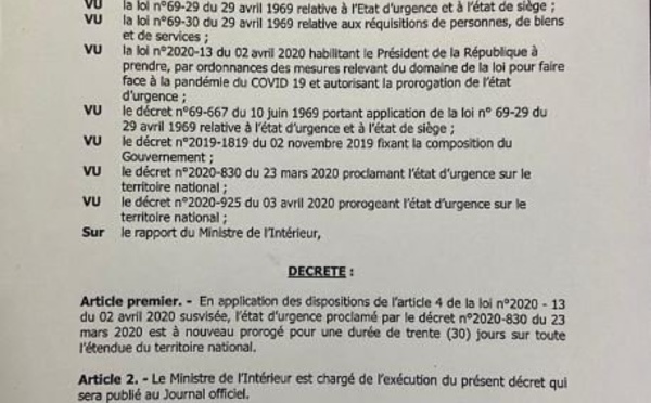 (Document) Covid-19 : L'État d'urgence prolongé jusqu'au 2 juin